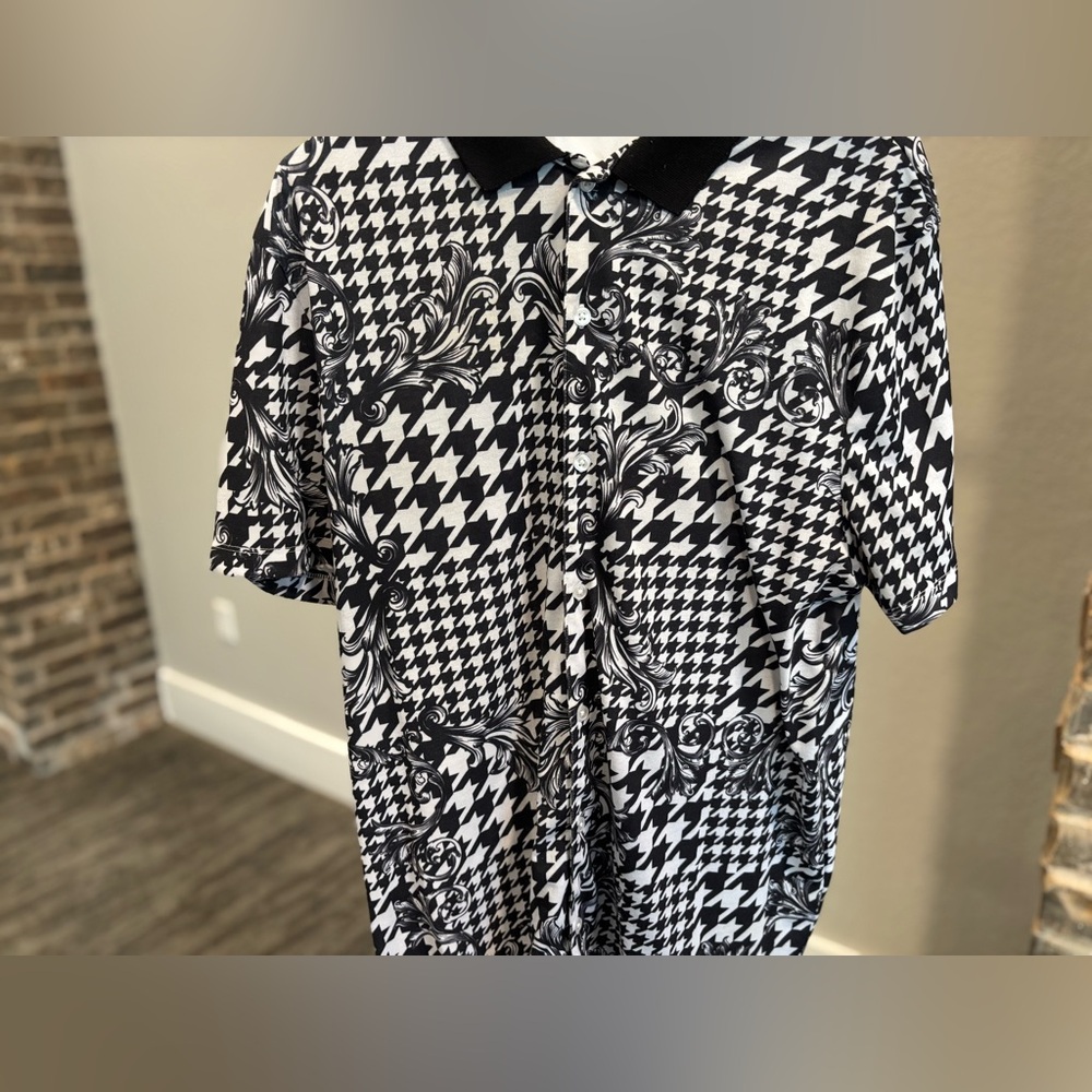 ASOS DESIGN Polo Shirt in Dogstooth & Baroque Print